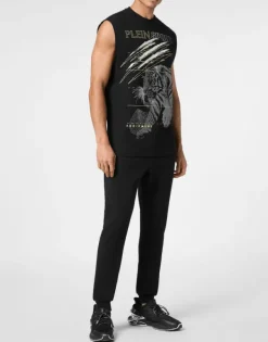 T-shirts^Plein Sport Cotton Dotted T-shirt Round Neck Sleeveless Lamina Tiger